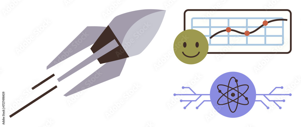 Poster rocket soaring, smiling face over line graph tracking growth trends, and atom with circuits combinin
