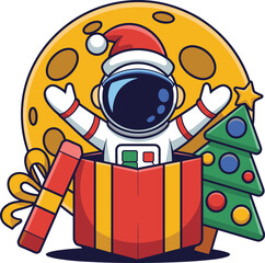 Festive Astronaut Emerging from a Gift Box Decorated with Christmas Tree and Moon Elements for Holiday Design Bundles