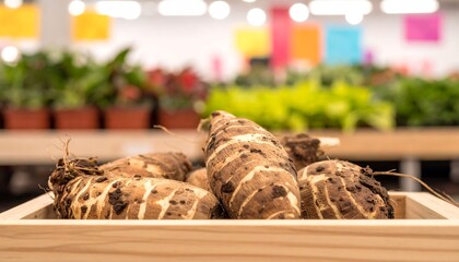 Taro roots in a wooden box at a plant store, blurred background with plants