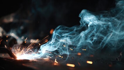 Welding sparks and smoke fill the dark workshop