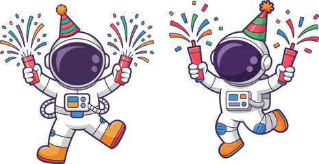 Astronaut celebrating a birthday party with confetti and party hats in a festive space adventure theme