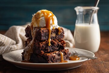 Stacked brownies with ice cream and caramel sauce