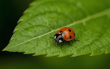 A close-up of a ladybug sitting on a green leaf