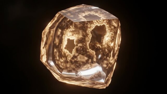 Golden Crystal Cube Floating In Black Space With Detailed Patterns and Glowing Effects