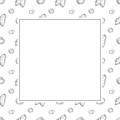 sausage frame. doodle grill sausage square frame. hand drawn sausage frame background. grill sausage background