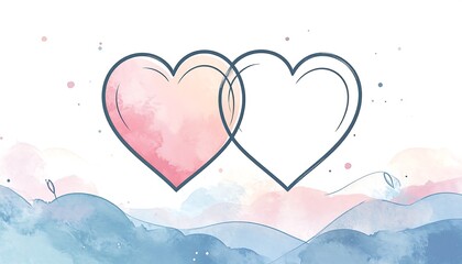 Two overlapping heart shapes, one filled with pink watercolor, upon a soft, wavy background