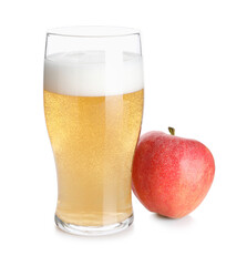 Tasty cider in glass and fresh apple isolated on white