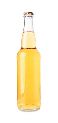 Delicious apple cider in glass bottle isolated on white