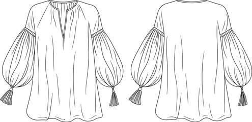 Technical fashion sketch, puff sleeve blouse, round neckline, front slit, tassel cuffs, loose fit, front and back view, vector illustration