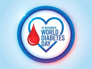 World diabetes day awareness graphic featuring a blue circle heart and red blood drop