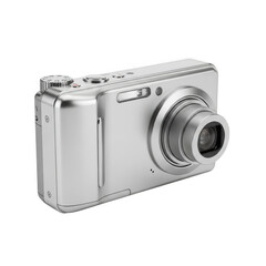 Silver digital compact camera with lens extended isolated on transparent background
