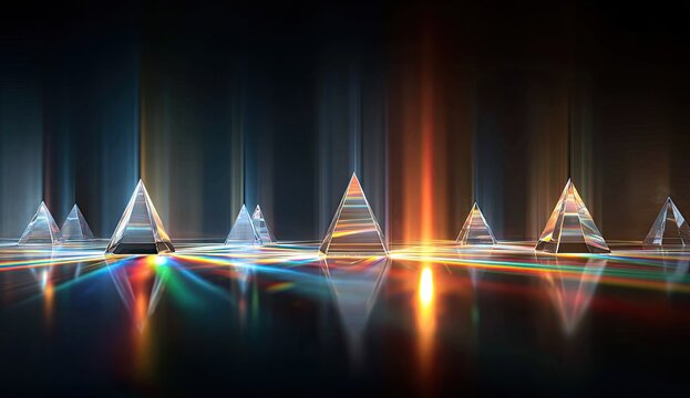 Abstract geometric pyramid scene with vibrant light reflections