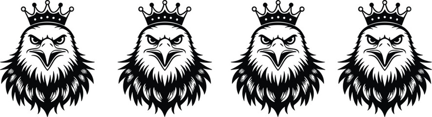 Eagle head with crown, royal bird icon, fierce expression, black and white, power symbol, graphic design, authority, bold animal, emblematic style