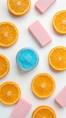 Fototapeta premium Orange slices, soap bars, and bath salt on white background isolated on white background
