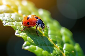 Obraz premium A ladybug rests on a vibrant green leaf, its tiny legs gripping the surface. Sunlight glints off its shell, green leaf, macro photography