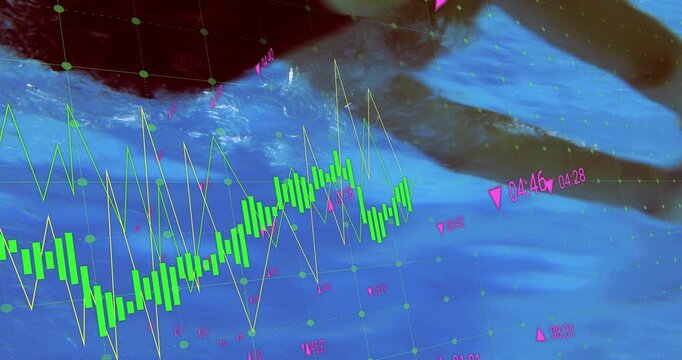 Swimmer entering flutter kicking with green bars and line graph tracing sports metrics underwater