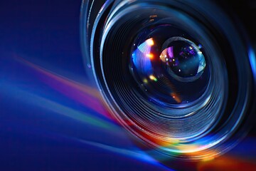 Close-up camera lens with vibrant background