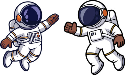 Cartoon Astronauts in Space Suit Floating and Dancing with Joyful Expressions