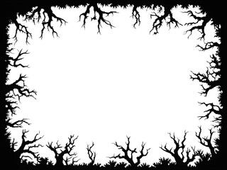 Forest silhouette frame/ Illustration horizontal frame with trees, shrubs, snags