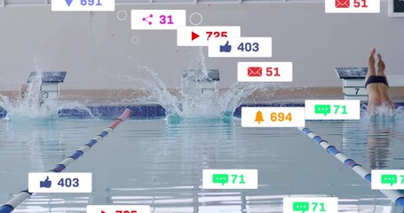 Three swimmers diving from blocks at start signal illustrating marketing metrics via floating icons - Powered by Adobe