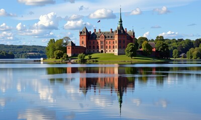 Obraz premium Gripsholm Castle, Sweden: Majestic Renaissance castle on a scenic island, reflecting in calm waters, surrounded by lush greenery, ancient, old
