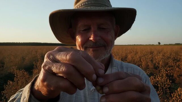 Senior farmer inspecting ripe flaxseed crop at sunset