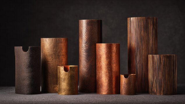 Cylindrical objects in varying shades of bronze and wood