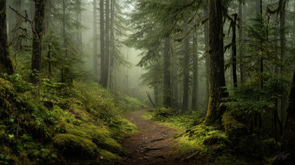 Fototapeta premium A serene path meanders through a lush, misty forest, creating a peaceful scene.