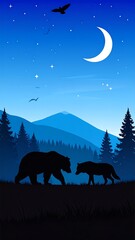 Night scene of animals in a forest