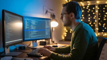 Focused coder working late into the night on software development with dual monitors, creating cutting edge code for innovative applications