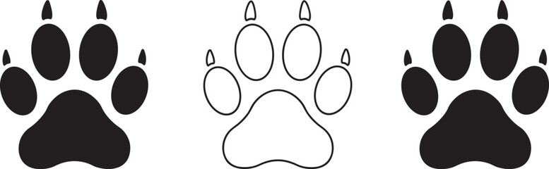 Stylized paw print icons, solid and outlined animal tracks, black vector illustration, pet footprint symbols, isolated graphic design elements for education
