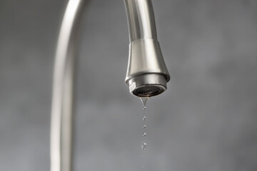 Save water concept. Water dripping from tap on grey background, closeup