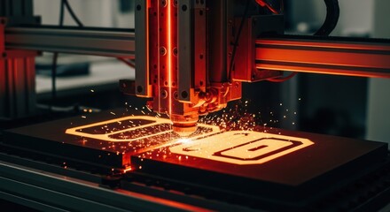Industrial Laser Cutter Sparks During Manufacturing in Dark Factory Setting