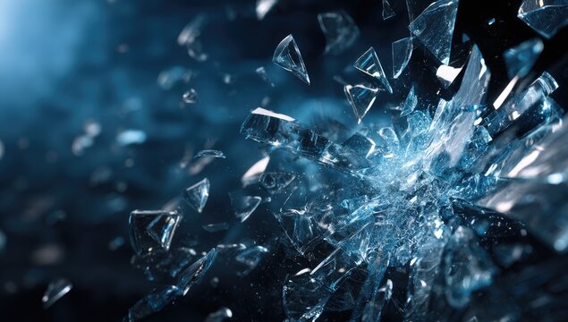 Shattered glass explosion on dark background