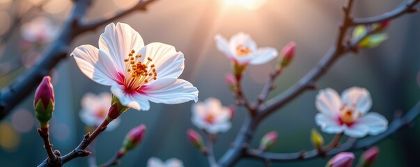 Single ethereal white blossom floats in a dreamscape, petals delicately unfurling, soft light illuminating its translucent beauty, tranquility, magical, light