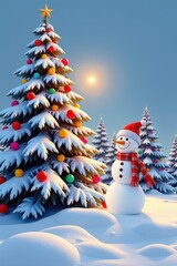 Snowy Christmas tree with cheerful snowman, winter wonderland scene, festive holiday background, holiday, image