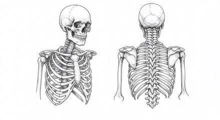 Anatomical illustration of the human upper torso skeleton, showing anterior and posterior views of the skull, rib cage, and spine.