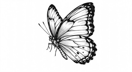 A detailed black and white sketch of a butterfly with intricate wing patterns and delicate antennae.