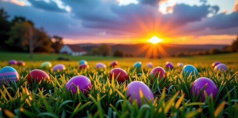 Sunrise illuminates sparkling Easter eggs scattered across a vibrant green grassy field, speckled, vibrant