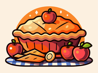 Golden Apple Pie With Whole Apples On Checkered Cloth Warm Bakery Dessert Scene With Rustic Table Setting