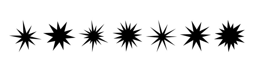 A set of abstract flat star-shaped elements for stickers, price tags, labels, decorations, designs, black silhouette, vector. A collection of different simple graphic explosion templates, discount 