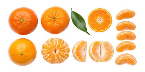 Whole and sliced tangerines with green leaf on black background mandarin orange