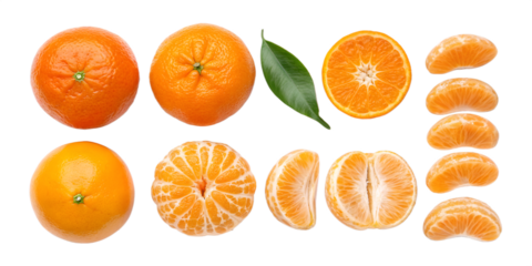 Whole and sliced tangerines with green leaf on black background mandarin orange