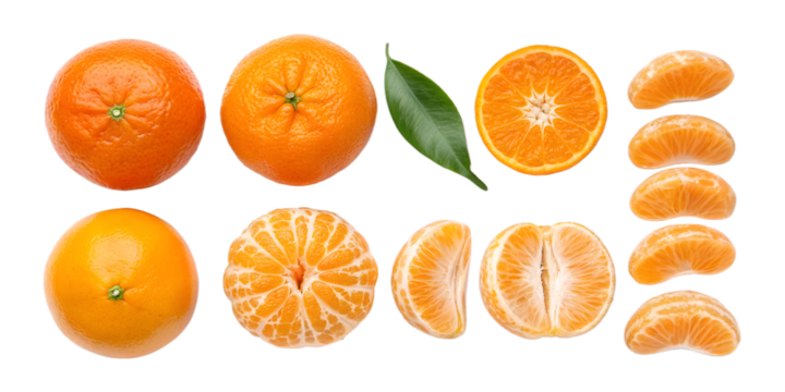 Whole and sliced tangerines with green leaf on black background mandarin orange