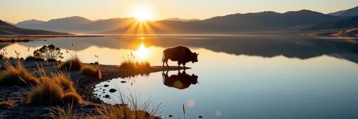 A lone buffalo stands majestically at the edge of a calm reservoir, reflecting in the still water. The sun casts a warm glow on its dark coat, outdoors, nature