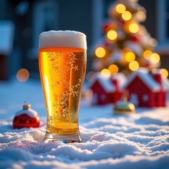 A frosty glass of beer sits on a snowy Christmas background, ready for festive cheer. Plenty of copyspace available, celebration, beverage, snow
