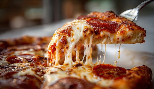 Close-up of a pizza slice with melted cheese