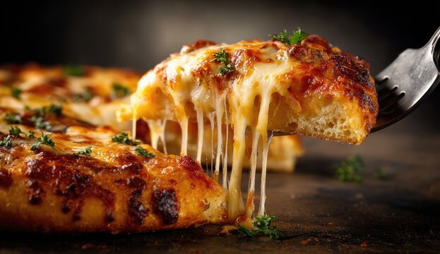 A slice of pizza with melted cheese being served