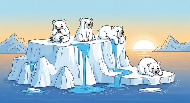 Sad polar bears on iceberg. - Powered by Adobe