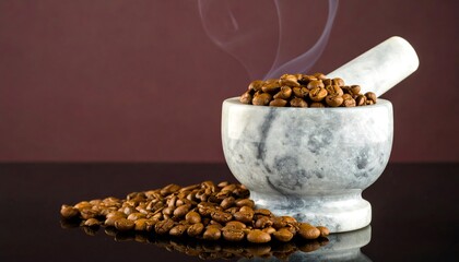 Roasted coffee beans are heaped in and around a marbled mortar with visible smoke